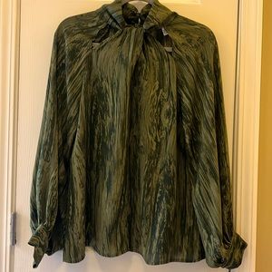 Green&Black Halston Long Sleeve Blouse. Cute high neck peekaboo slits.